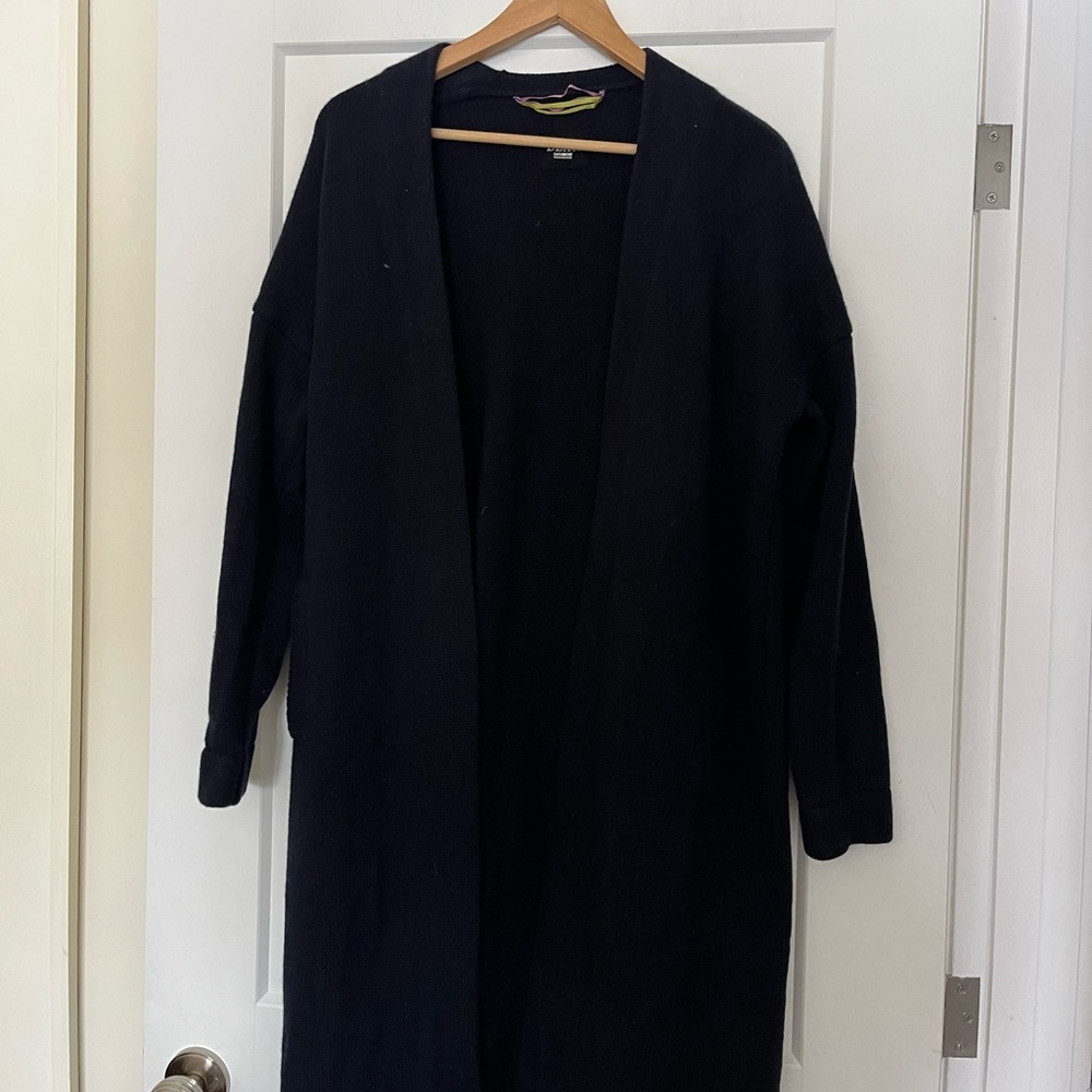 DEAR Cashmere 💯 Merino Wool Navy Blue Open Front Long Cardigan Coatigan L - Picture 2 of 5